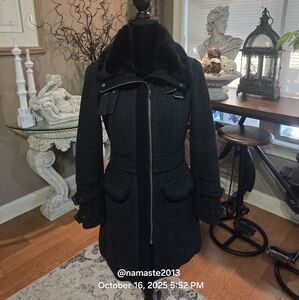 Armani Exchange Wool Blend Pea Coat Faux Fur Designer Collar Strap Winter #107